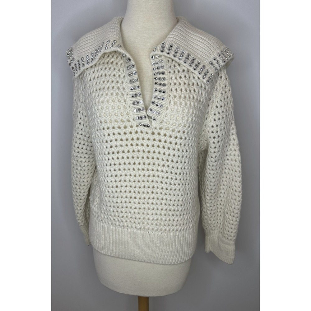 SANDRO Ursule Open Knit Sweater Chunky Pullover Rhinestone Wool Size 2 US M 6 - Picture 15 of 16